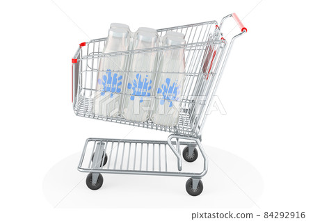 Package of glass milk bottles in shrink film inside shopping cart, 3D rendering 84292916