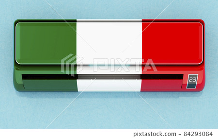 Air conditioner with Italian flag on the wall. House climate control system in Italy. 3D rendering 84293084