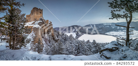 Panoramic view of The medieval castle Lietava on a rocky reef. 84293572