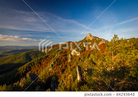 Colorful mountain landscape at sunset in autumn, The Sulov Rocks Colorful mountain landscape at sunset in autumn, The Sulov Rocks 84293648