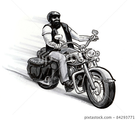 Rocker riding classic motorcycle, Ink black and... - Stock Illustration ...