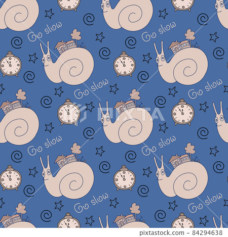 Seamless pattern with snail and text Go Slow on blue background. Slow life vector illustration. Seamless pattern with snail and text Go Slow on blue background. Slow life vector illustration. 84294638