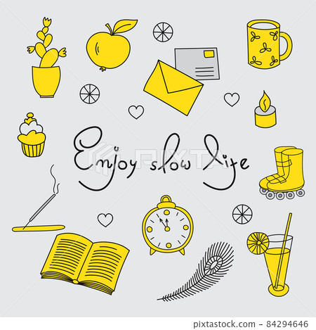 Inspirational card with handwritten text Enjoy slow life. Motivational relaxing mental health lettering illustration. 84294646