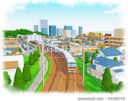 Cityscape Residential area and train Watercolor style hand-drawn style illustration 84296759