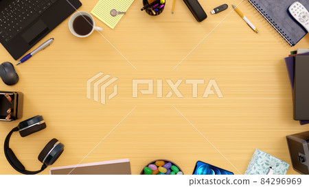 table top copy space laptop coffee pencils books and papers 3D illustration on wood background table top copy space laptop coffee pencils books and papers 3D illustration on wood background 84296969