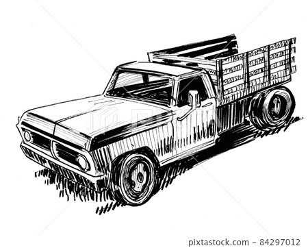 Vintage American truck. Ink black and white drawing 84297012