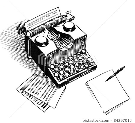 Vintage typewriter and sheets of paper. Ink black and white drawing 84297013