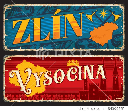 Zlin, Vysocina czech regions plates and travel stickers. Vector vintage banners with map, heraldic crossed axes, star, crown and castle. Touristic grunge signs, postcards, scratchy boards or plaques 84300361