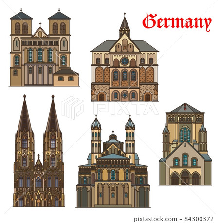 Germany architecture of Cologne, travel landmark buildings of Koln, vector. Cologne Cathedral or Kolner Dom, St Andrew and Cunibert churches, Saint Gereon Basilica, German medieval architecture 84300372