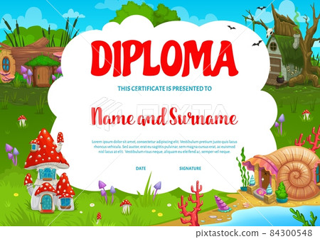 Kids diploma mushroom, wooden log, stump and shell fairy dwellings. Vector cartoon certificate with fairytale houses for school or kindergarten. Fantasy buildings and homes in forest, swamp or beach Kids diploma mushroom, wooden log, stump and shell fairy dwellings. Vector cartoon certificate with fairytale houses for school or kindergarten. Fantasy buildings and homes in forest, swamp or beach 84300548