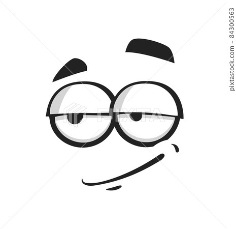 Cartoon face, smirk or simper emoji, vector funny facial expression with smiling mouth and half-closed eyes. Comic character feelings, emotion isolated on white background Cartoon face, smirk or simper emoji, vector funny facial expression with smiling mouth and half-closed eyes. Comic character feelings, emotion isolated on white background 84300563
