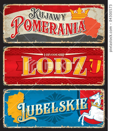 Lodz, Lubelskie, Kujawy Pomerania polish voivodeship plates and travel stickers. Vector vintage banners with Poland touristic landmarks, territory map and heraldic deer and crown aged retro signs Lodz, Lubelskie, Kujawy Pomerania polish voivodeship plates and travel stickers. Vector vintage banners with Poland touristic landmarks, territory map and heraldic deer and crown aged retro signs 84300573