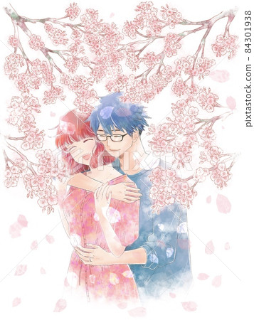 Couple of young men and women hugging back / smile / cherry blossoms with branches 84301938