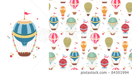 Set of card and seamless pattern witn vintage hot air balloons with ribbons, flags and confetti dots. Postcard and wallpaper with retro air transport. Vector festive flat texture 84301994