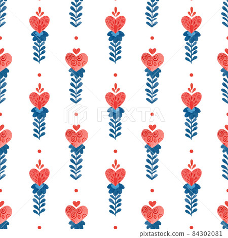 Seamless pattern with abstract flowers-hearts. Drawing in folklore style. Seamless pattern with abstract flowers-hearts. Drawing in folklore style. 84302081