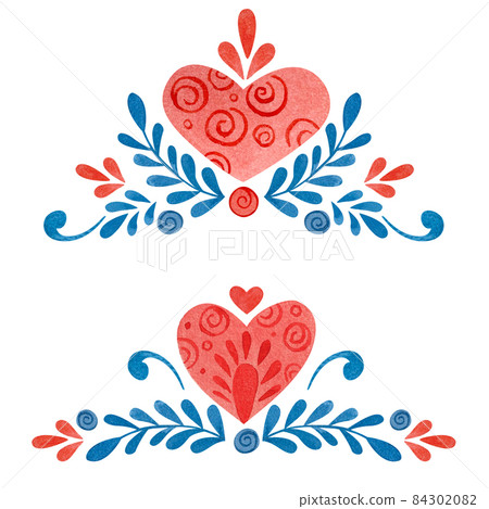 Watercolor composition with heart and twigs in folklore style. Watercolor composition with heart and twigs in folklore style. 84302082