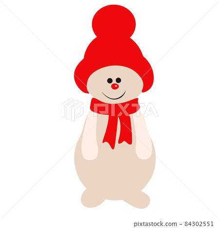 Snowman vector stock illustration. A nice man from the snow. Red knitted hat and scarf. Winter postcard. Christmas. Isolated on a white background. 84302551