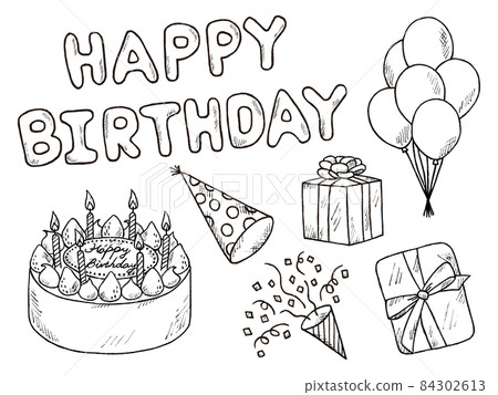 Birthday black and white handwritten illustration image Birthday black and white handwritten illustration image 84302613