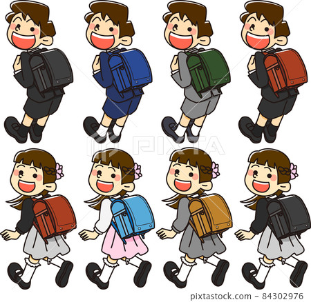Color variations of elementary school students carrying school bags 84302976