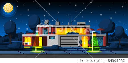Landscape with Residential Cottage in Night. Landscape with Residential Cottage in Night. 84303632
