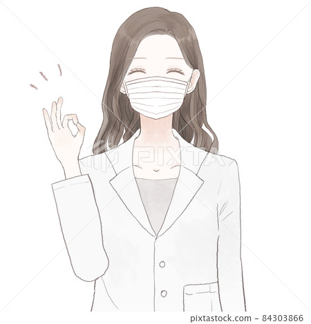 A female doctor wearing a non-woven mask that gives an OK sign A female doctor wearing a non-woven mask that gives an OK sign 84303866