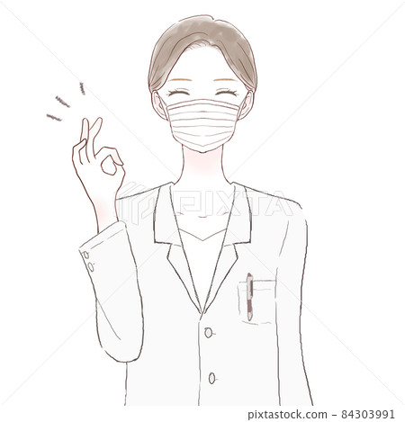 一位戴著無紡布口罩的女醫生髮出 OK 標誌 一位戴著無紡布口罩的女醫生髮出 OK 標誌 84303991
