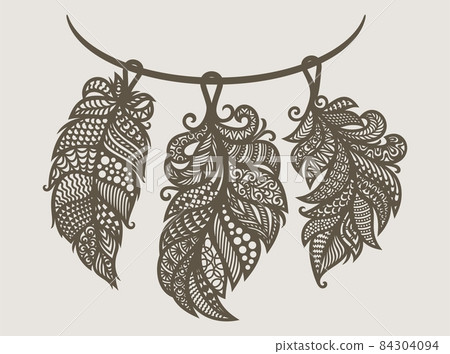 Feather necklace. Decorative pendant decoration in Indian style. Set of three openwork elements with lace ethnic ornament on string. Gray-brown objects on a light beige background. Vector illustration 84304094