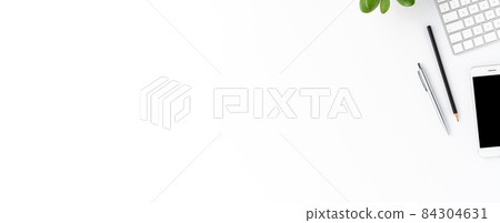 Elegant workspace with business accessories isolated on white background with copyspace. Office desktop. Banner Elegant workspace with business accessories isolated on white background with copyspace. Office desktop. Banner 84304631