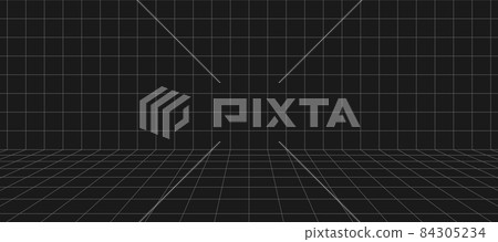3d wireframe grid room. 3d perspective laser grid. Cyberspace black background with grey mesh. Futuristic digital wall in virtual reality. Vector illustration 3d wireframe grid room. 3d perspective laser grid. Cyberspace black background with grey mesh. Futuristic digital wall in virtual reality. Vector illustration 84305234