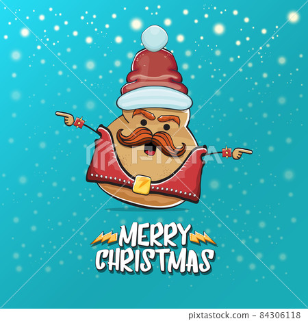 vector rock star Santa potato funny cartoon cute character with red Santa hat and calligraphic merry Christmas text isolated on a turquoise background with snow. rock n roll Christmas party poster vector rock star Santa potato funny cartoon cute character with red Santa hat and calligraphic merry Christmas text isolated on a turquoise background with snow. rock n roll Christmas party poster 84306118