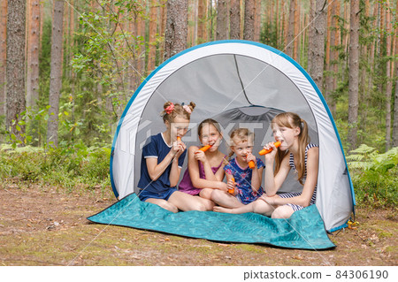 Girls eating carrots sitting in camping tent during summer holidays 84306190