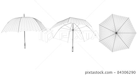 Set with umbrella wireframes from black lines isolated on white background. Top, side, bottom view. 3D. Vector illustration Set with umbrella wireframes from black lines isolated on white background. Top, side, bottom view. 3D. Vector illustration 84306290