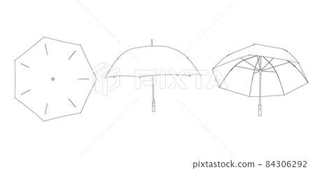 Set with contours of umbrella from black lines isolated on white background. Top, side, bottom view. Vector illustration Set with contours of umbrella from black lines isolated on white background. Top, side, bottom view. Vector illustration 84306292