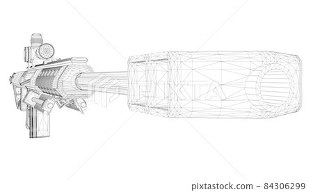 Wireframe with rifle with telescopic sight from black lines isolated on white background. Perspective view. 3D. Vector illustration Wireframe with rifle with telescopic sight from black lines isolated on white background. Perspective view. 3D. Vector illustration 84306299
