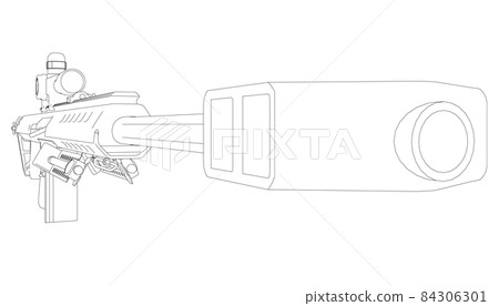 Contour with rifle with telescopic sight from black lines isolated on white background. Perspective view. 3D. Vector illustration 84306301
