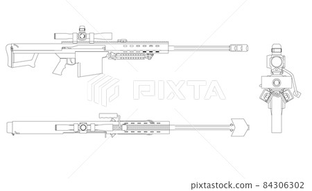 Set with rifle contours with telescopic sight from black lines isolated on white background. Side, top, front view. Vector illustration Set with rifle contours with telescopic sight from black lines isolated on white background. Side, top, front view. Vector illustration 84306302