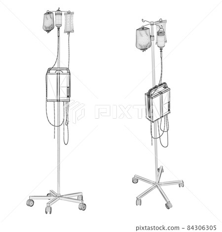 Wireframe of rack with dropper made of black lines isolated on white background. Side view, isometric. 3D. Vector illustration Wireframe of rack with dropper made of black lines isolated on white background. Side view, isometric. 3D. Vector illustration 84306305