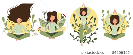 A set of yoga poses. Set of slim athletic young woman doing yoga exercises. Healthy lifestyle. 84306365