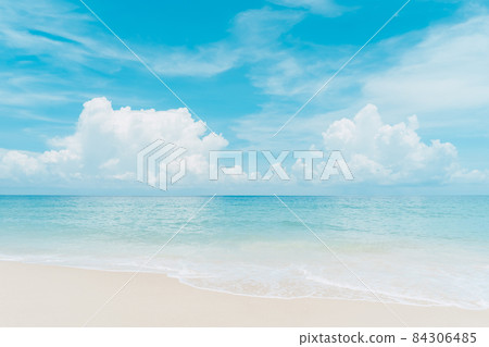 Beautiful tropical beach with blue sky and white clouds abstract texture background. Copy space of summer vacation and holiday business travel concept. Beautiful tropical beach with blue sky and white clouds abstract texture background. Copy space of summer vacation and holiday business travel concept. 84306485
