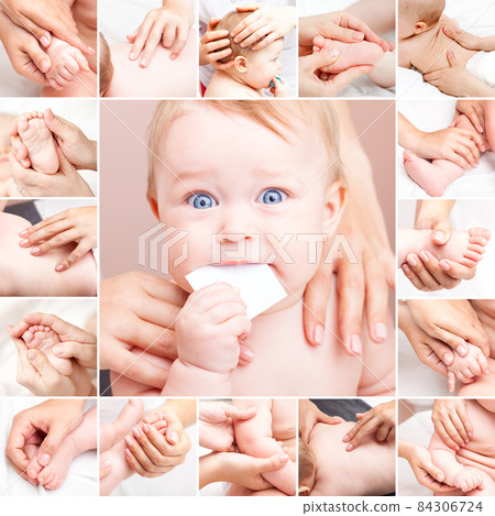 Little baby receiving chiropractic or  osteopathic manual treatment collage 84306724