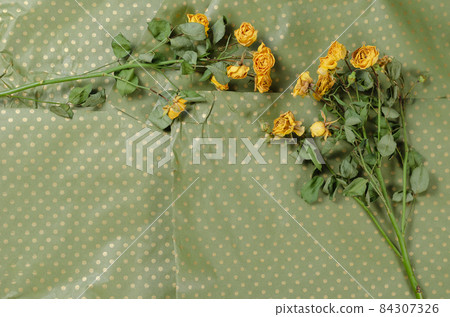 Fading yellow roses on crumpled wrapping paper. Green sheets of Fading yellow roses on crumpled wrapping paper. Green sheets of 84307326
