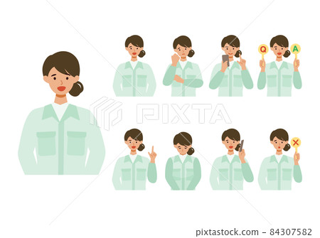 Illustration of a woman's upper body in work clothes with a smile Illustration of a woman's upper body in work clothes with a smile 84307582
