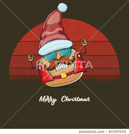vector rock star Santa potato funny cartoon cute character with red Santa hat and calligraphic merry Christmas text isolated on vintage retro background with retro stripped sun. Christmas party poster vector rock star Santa potato funny cartoon cute character with red Santa hat and calligraphic merry Christmas text isolated on vintage retro background with retro stripped sun. Christmas party poster 84307639