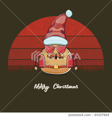 vector rock star Santa potato funny cartoon cute character with red Santa hat and calligraphic merry Christmas text isolated on vintage retro background with retro stripped sun. Christmas party poster vector rock star Santa potato funny cartoon cute character with red Santa hat and calligraphic merry Christmas text isolated on vintage retro background with retro stripped sun. Christmas party poster 84307664
