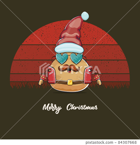 vector rock star Santa potato funny cartoon cute character with red Santa hat and calligraphic merry Christmas text isolated on vintage retro background with retro stripped sun. Christmas party poster vector rock star Santa potato funny cartoon cute character with red Santa hat and calligraphic merry Christmas text isolated on vintage retro background with retro stripped sun. Christmas party poster 84307668