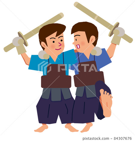 Classmates wearing kendo and crossing their shoulders Classmates wearing kendo and crossing their shoulders 84307676