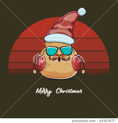 vector rock star Santa potato funny cartoon cute character with red Santa hat and calligraphic merry Christmas text isolated on vintage retro background with retro stripped sun. Christmas party poster vector rock star Santa potato funny cartoon cute character with red Santa hat and calligraphic merry Christmas text isolated on vintage retro background with retro stripped sun. Christmas party poster 84307677