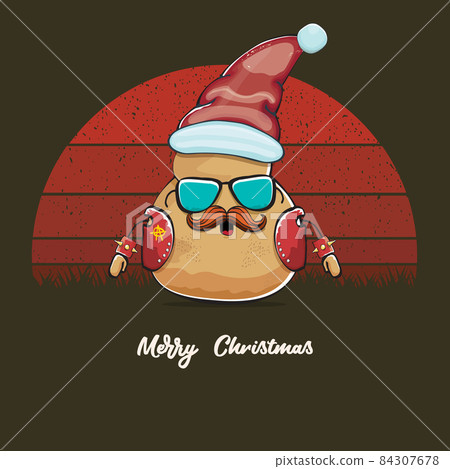 vector rock star Santa potato funny cartoon cute character with red Santa hat and calligraphic merry Christmas text isolated on vintage retro background with retro stripped sun. Christmas party poster vector rock star Santa potato funny cartoon cute character with red Santa hat and calligraphic merry Christmas text isolated on vintage retro background with retro stripped sun. Christmas party poster 84307678