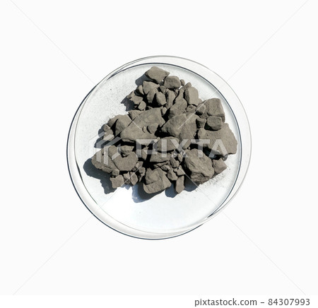 Aluminium powder in Chemical Watch Glass. Closeup chemical ingredient on white laboratory table. Top View Aluminium powder in Chemical Watch Glass. Closeup chemical ingredient on white laboratory table. Top View 84307993