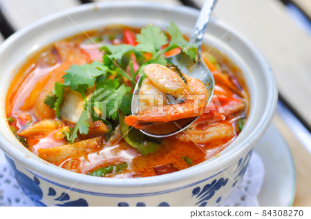 spicy soup or tom yum kung, spicy shrimp soup or seafood soup spicy soup or tom yum kung, spicy shrimp soup or seafood soup 84308270